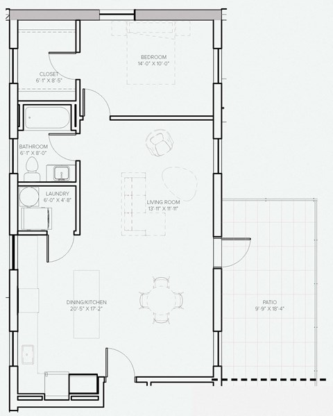Floor plan for 1 bed, 1 bath, 759 sqft